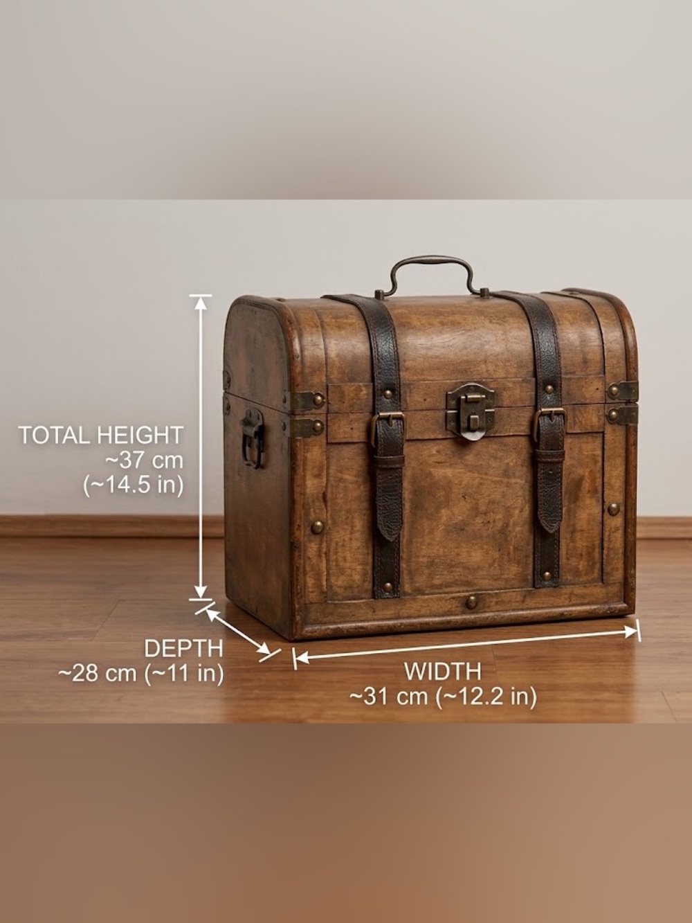 Vintage-Style Brown Wooden Trunk with Dark Brown Leather Straps